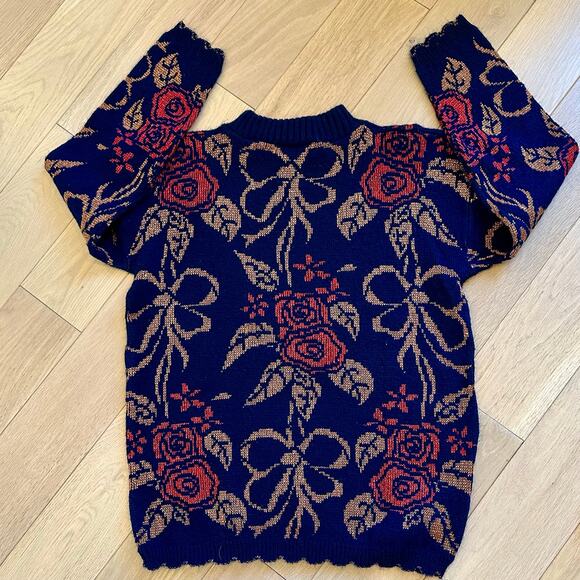 Vintage Dana Scott Christmas Sweater Blue Red And Copper Color Flowers and Bows - Picture 2 of 8